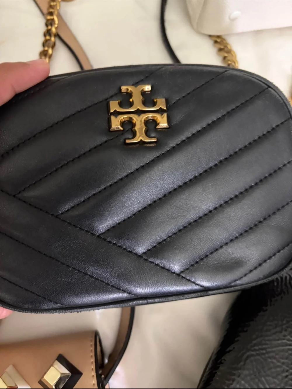 Tory Burch Black Quilted Leather Chain Crossbody with Gold Logo